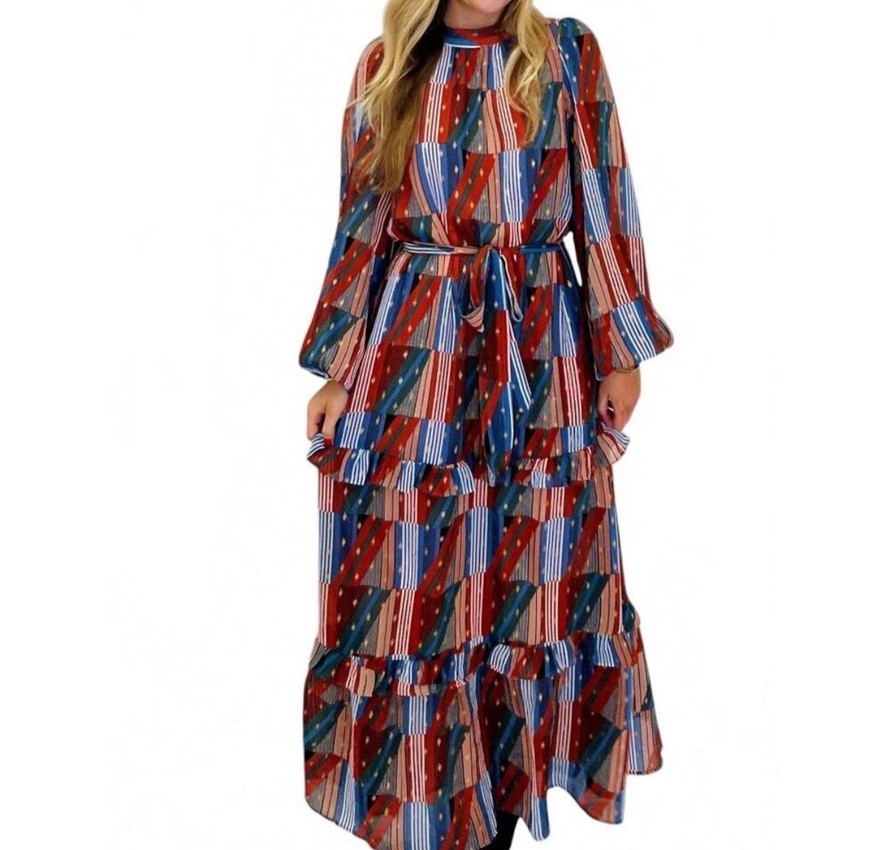 Joy Joy Womens Adele dress, Mixed Print Tiered Maxi Long Sleeve Dress XS